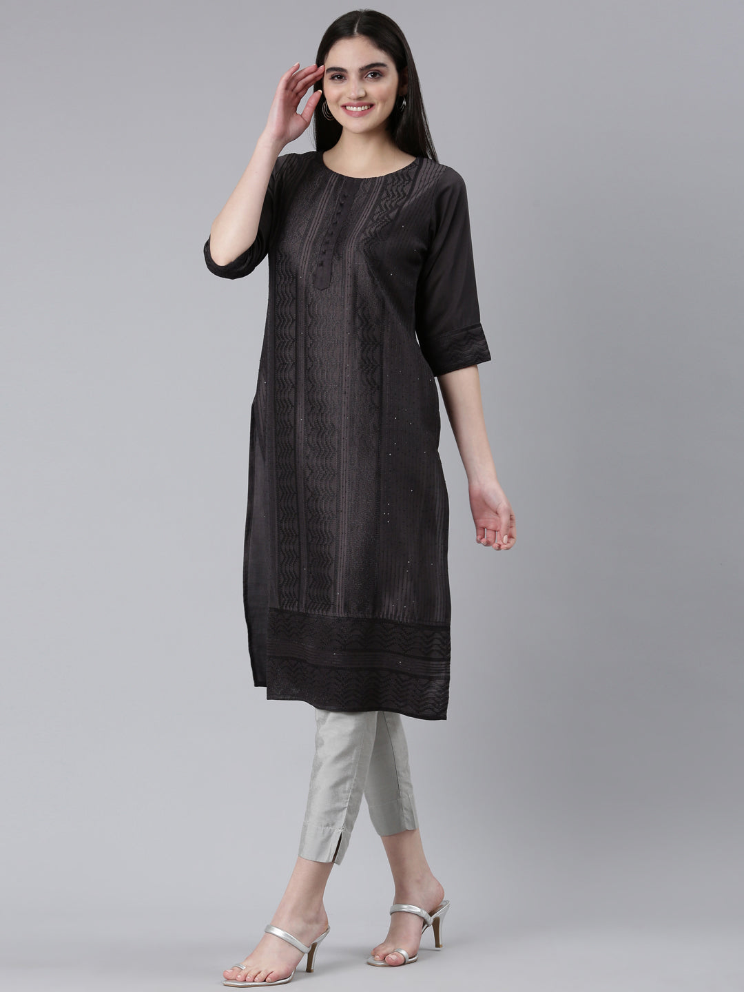 Neerus Grey silk woven straight kurti - back view