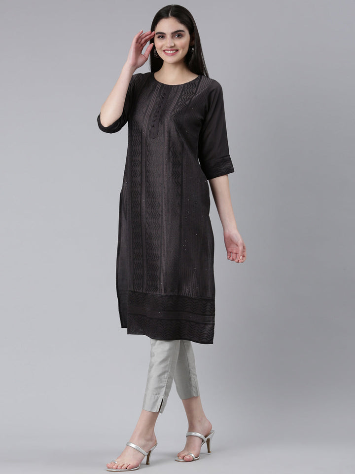 Neerus Grey silk woven straight kurti - back view