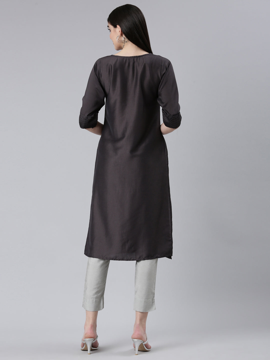 Neerus Grey silk woven straight kurti - side view