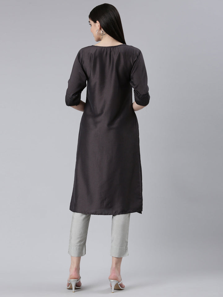 Neerus Grey silk woven straight kurti - side view