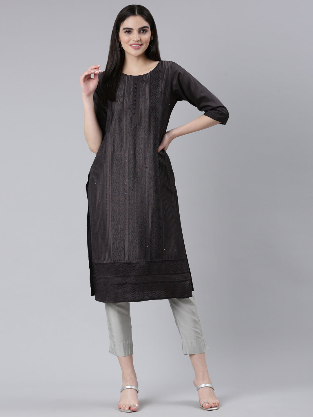 Neerus Grey silk woven straight kurti - detail view 2