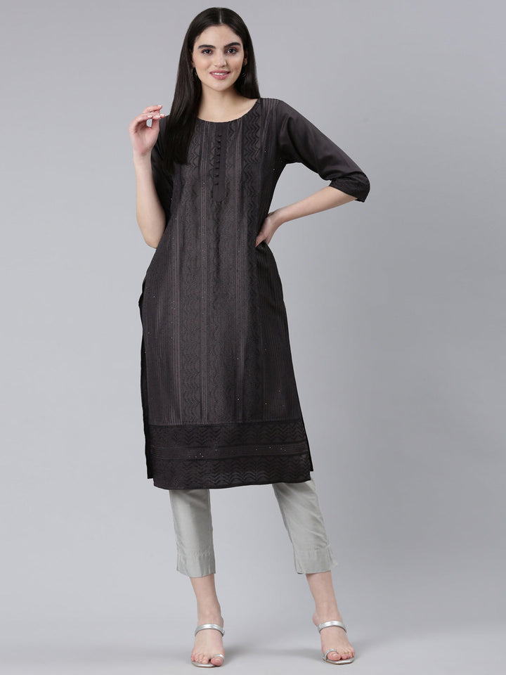 Neerus Grey silk woven straight kurti - detail view 2