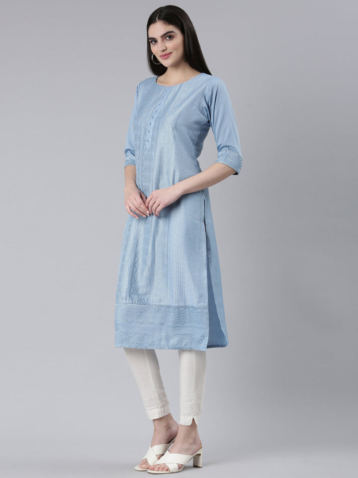 Neerus Blue silk woven straight kurti - back view