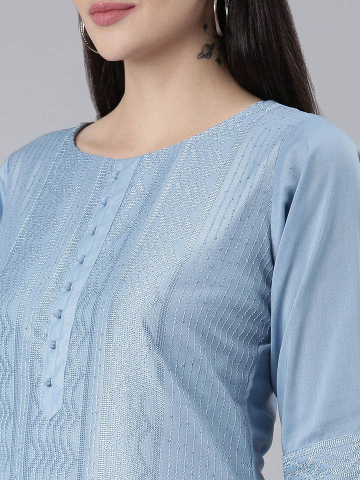 Neerus Blue silk woven straight kurti - detail view 1