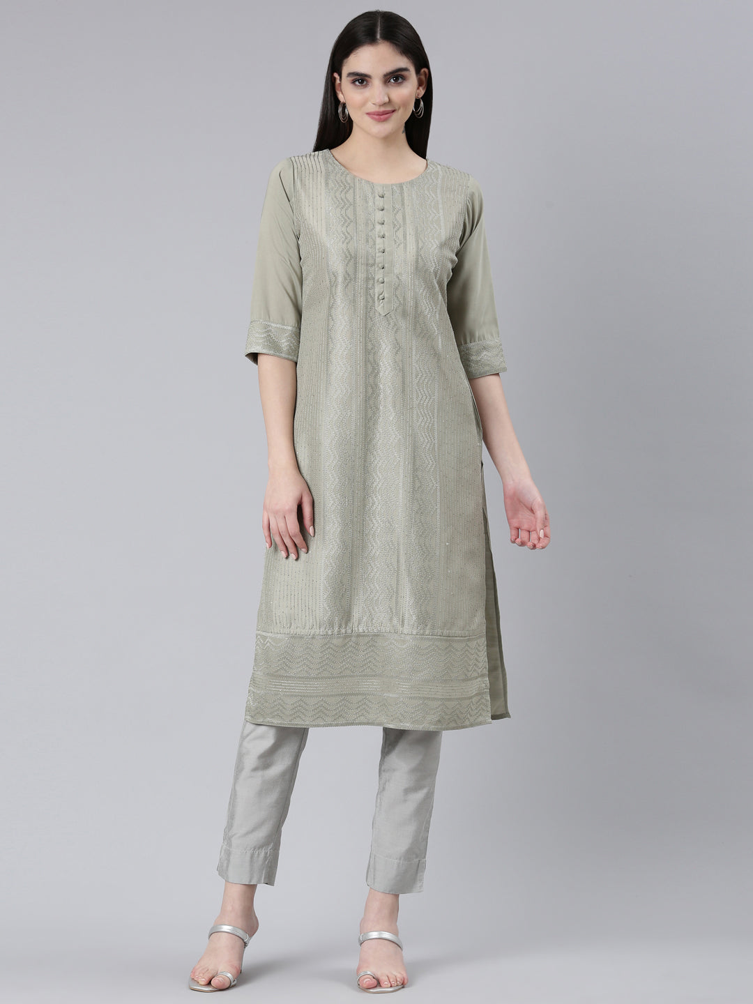 Neerus Gold silk woven straight kurti - front view