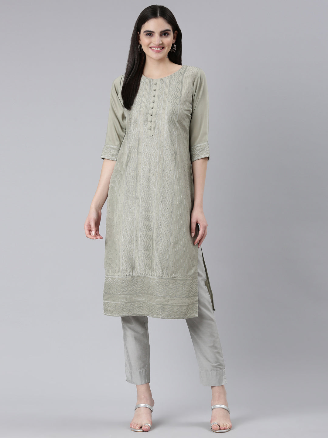 Neerus Gold silk woven straight kurti - detail view 2