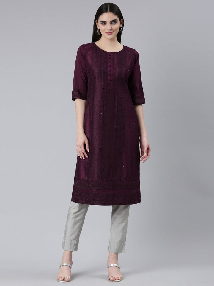 Neerus Purple jacquard woven straight kurti - front view