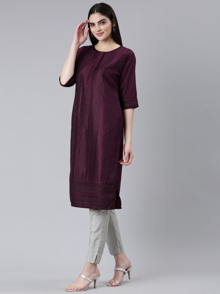 Neerus Purple jacquard woven straight kurti - back view