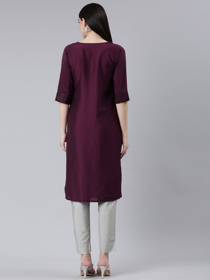 Neerus Purple jacquard woven straight kurti - side view