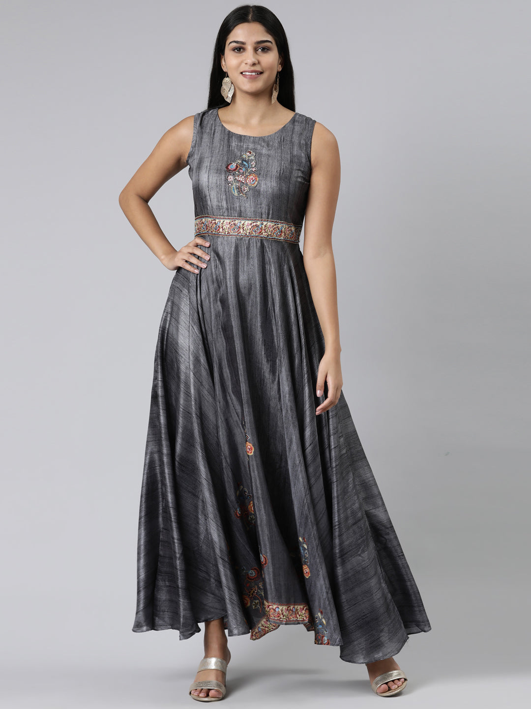 Neerus Grey chiffon embroidered maxi dress - front view