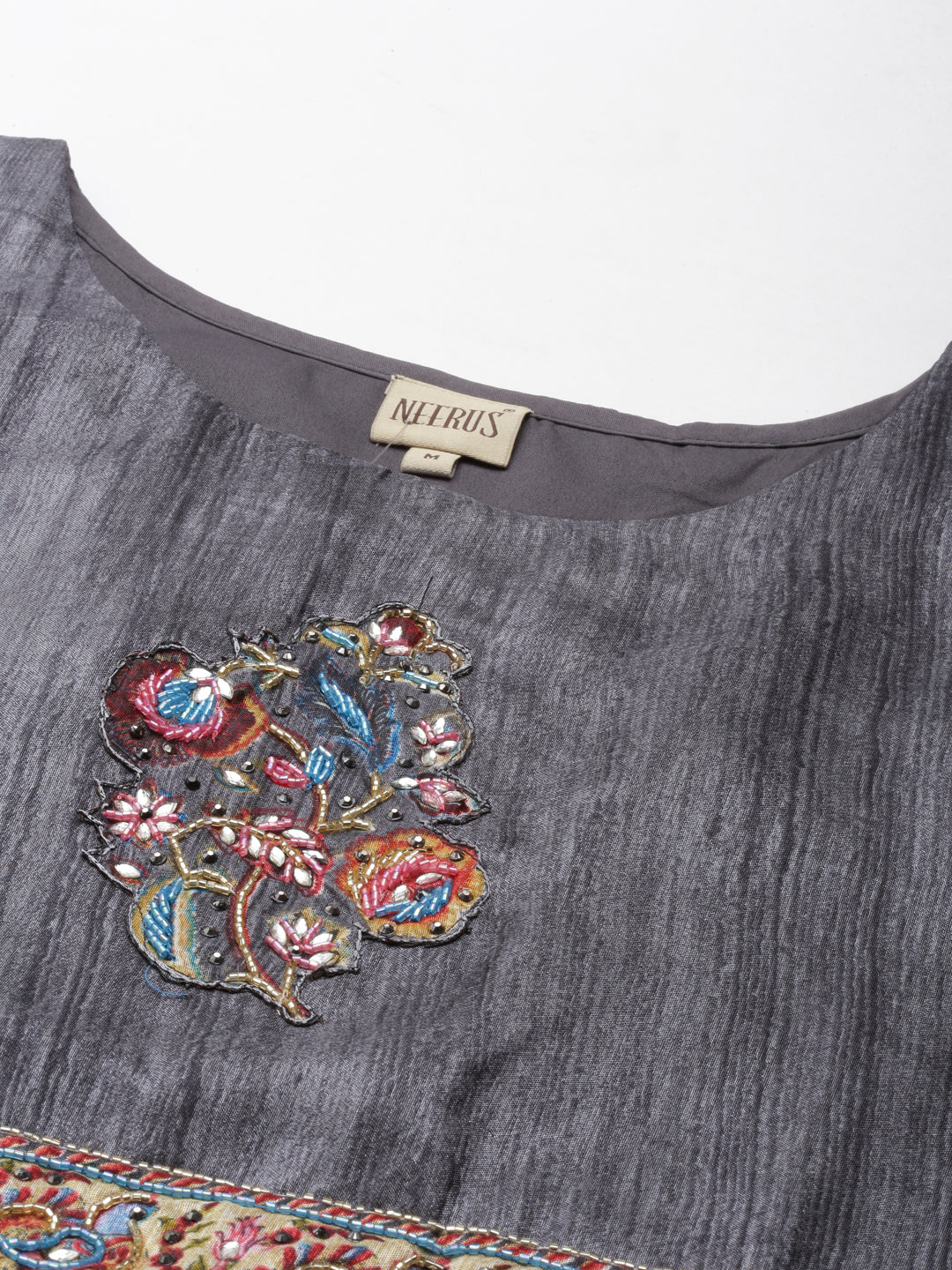 Neerus Grey chiffon embroidered maxi dress - detail view 2