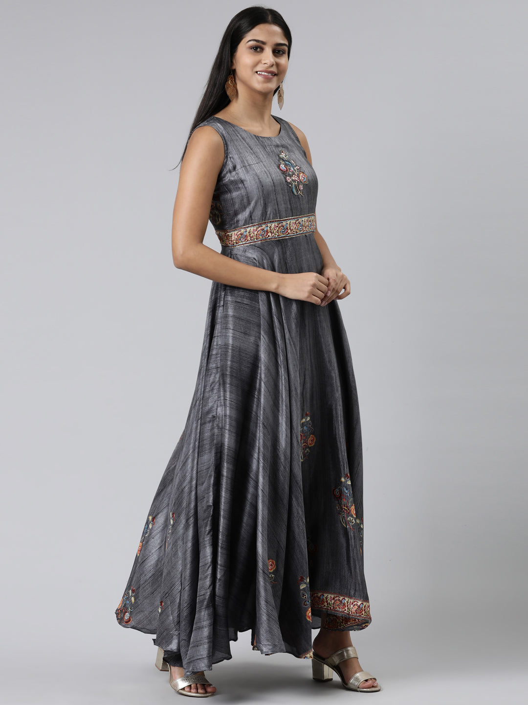 Neerus Grey chiffon embroidered maxi dress - back view