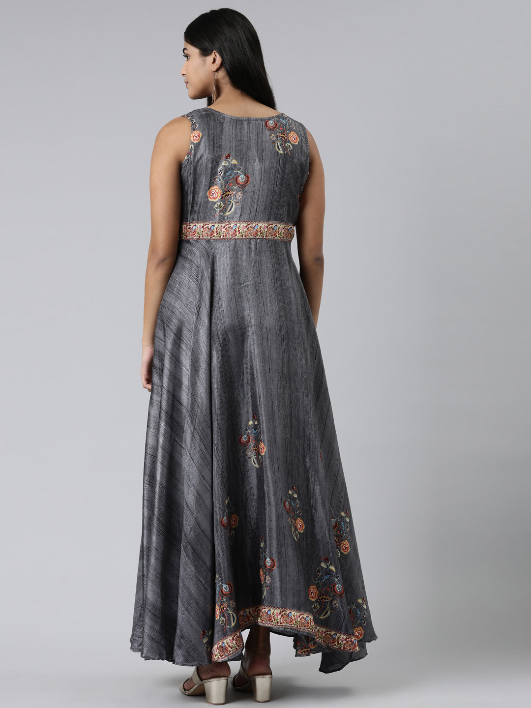 Neerus Grey chiffon embroidered maxi dress - side view