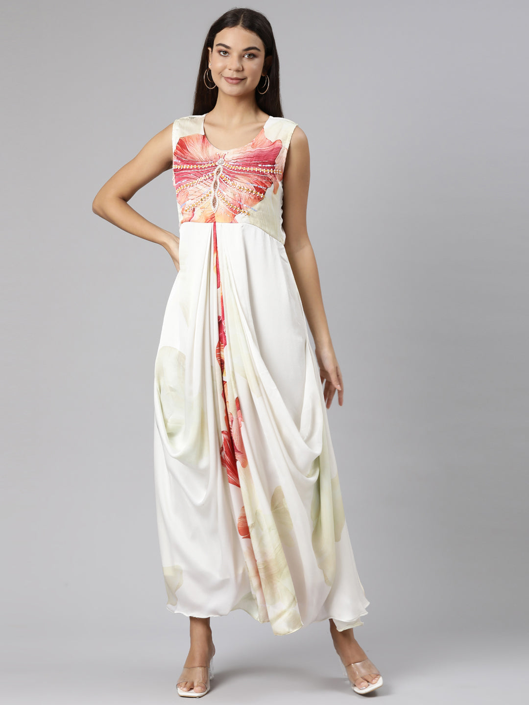 Neerus White muslin printed floral dress - front view