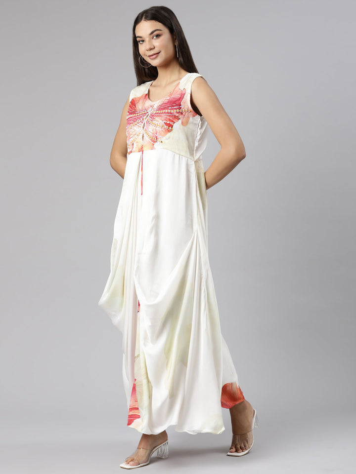 Neerus White muslin printed floral dress - back view