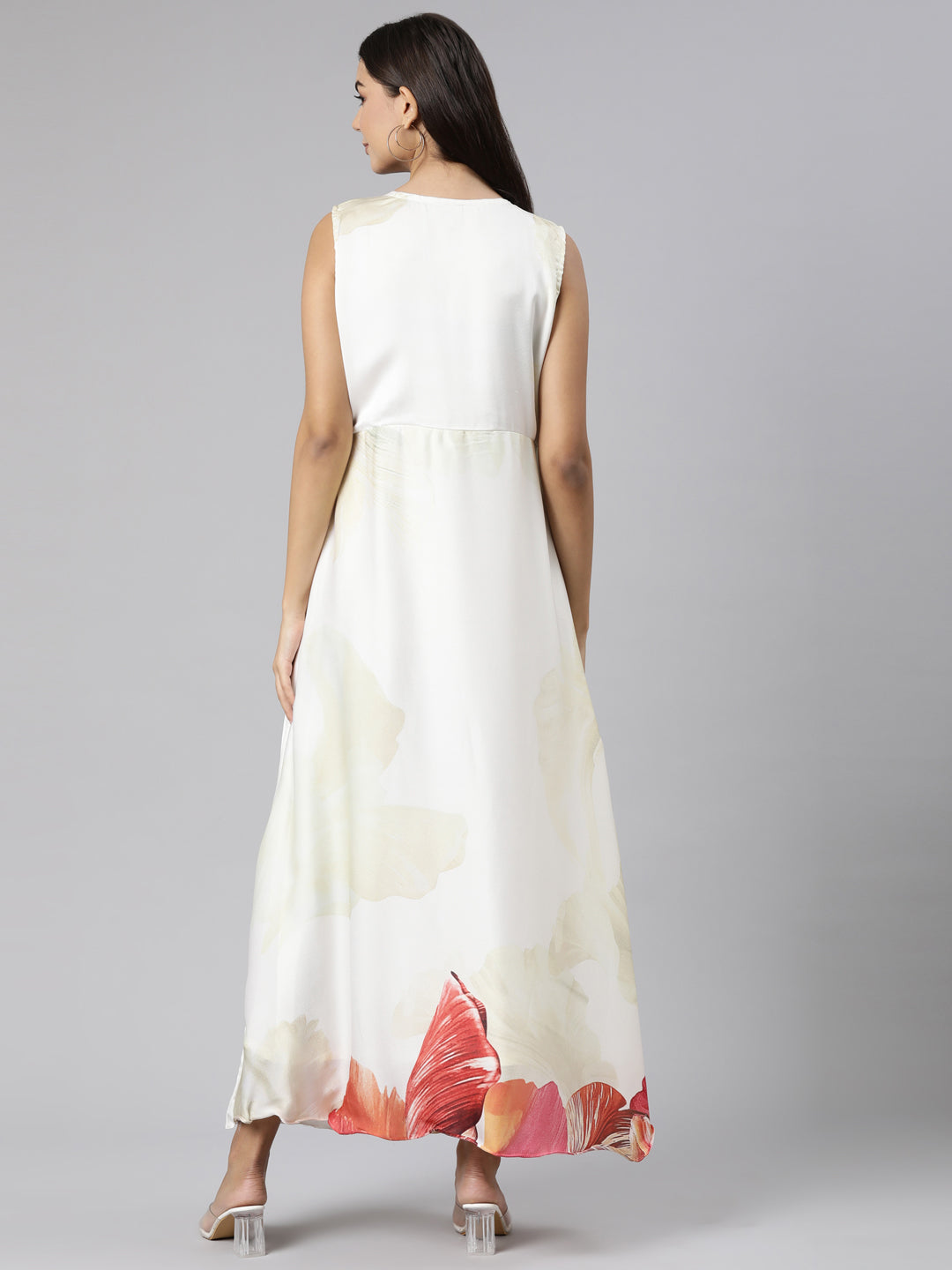 Neerus White muslin printed floral dress - side view