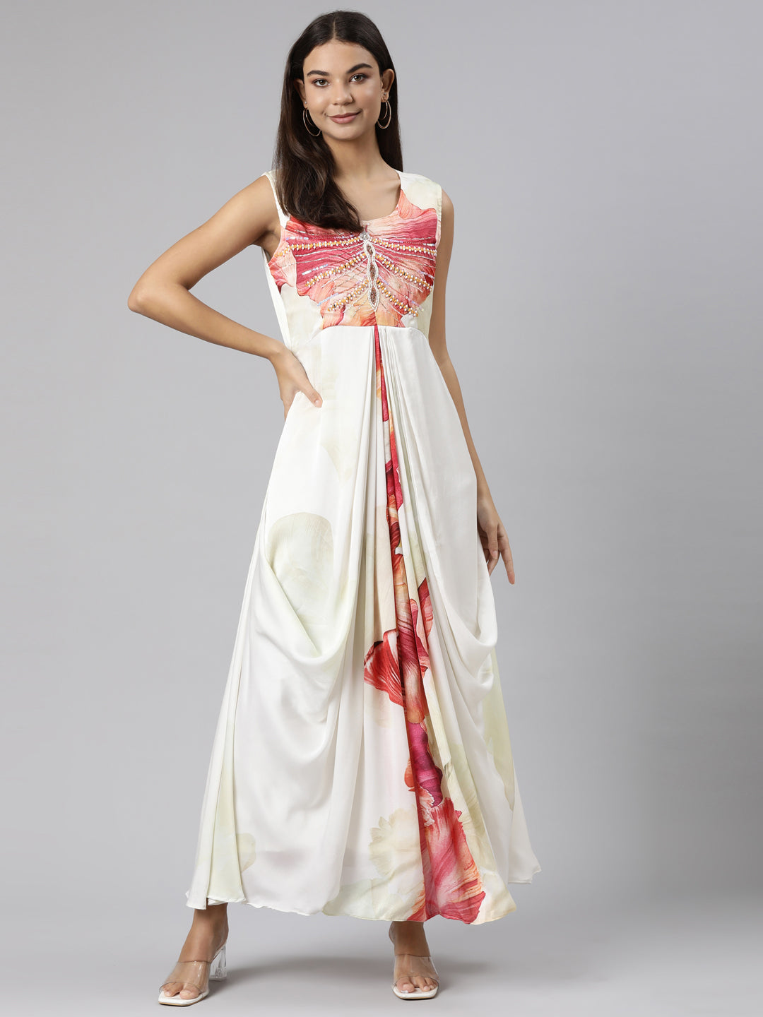Neerus White muslin printed floral dress - detail view 2