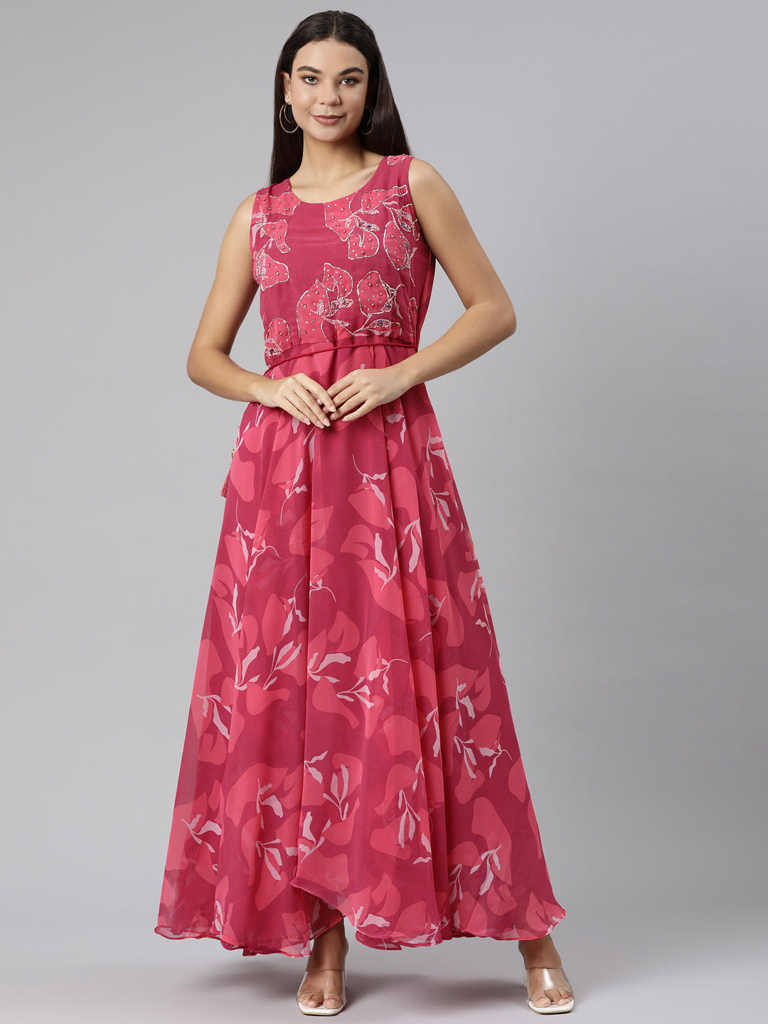 Neerus Pink crepe printed floral flared dress - front view