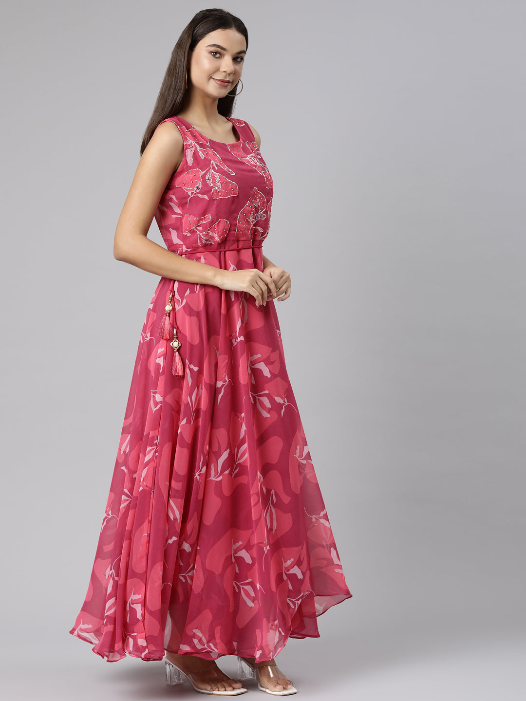 Neerus Pink crepe printed floral flared dress - back view