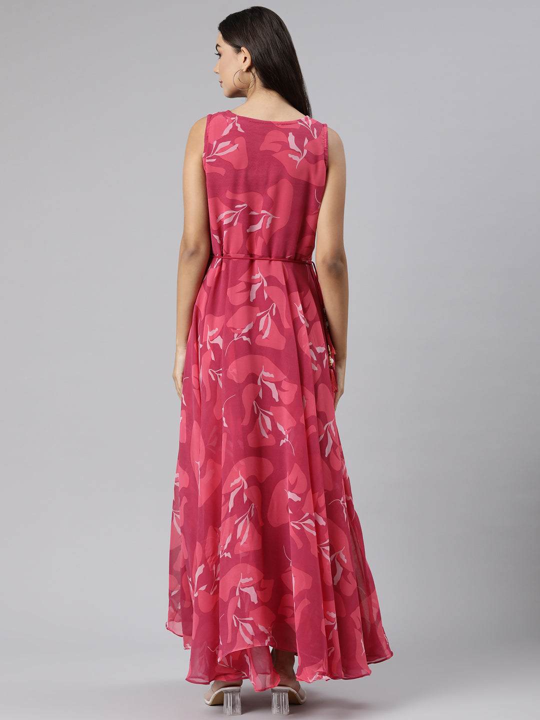 Neerus Pink crepe printed floral flared dress - side view