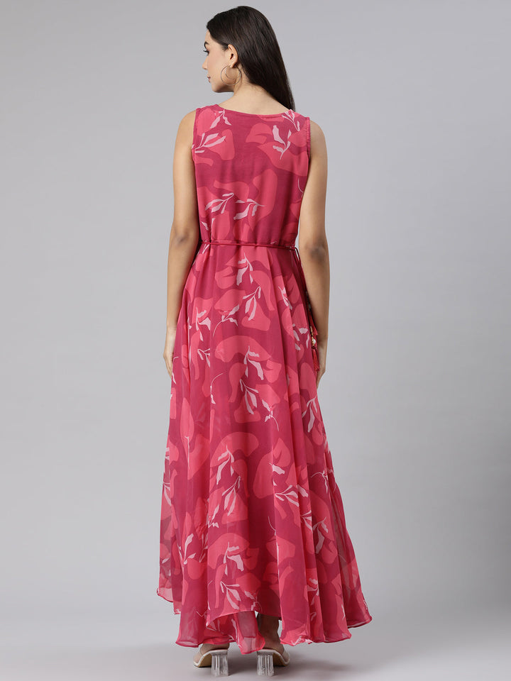 Neerus Pink crepe printed floral flared dress - side view