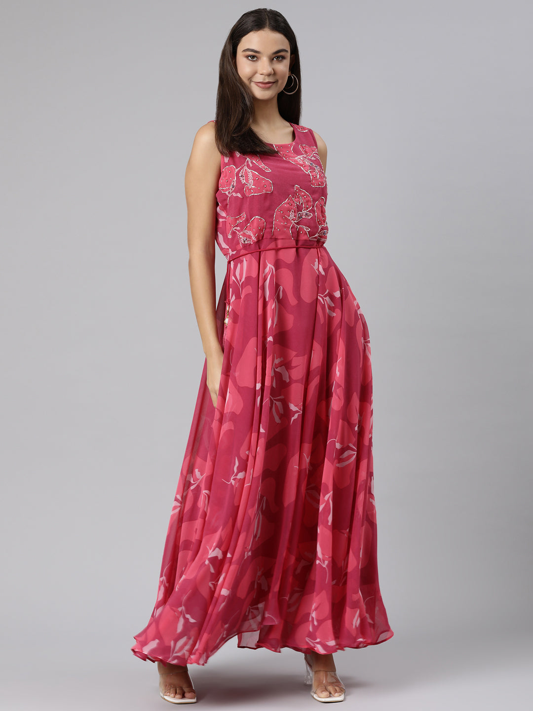 Neerus Pink crepe printed floral flared dress - detail view 2