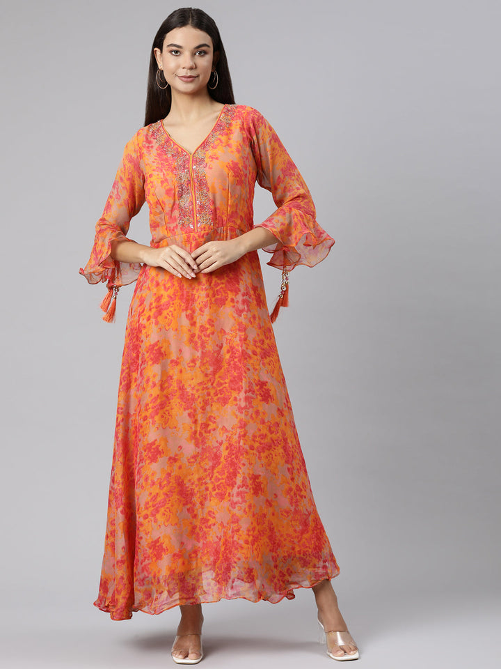 Neerus Orange floral printed straight dress - front view