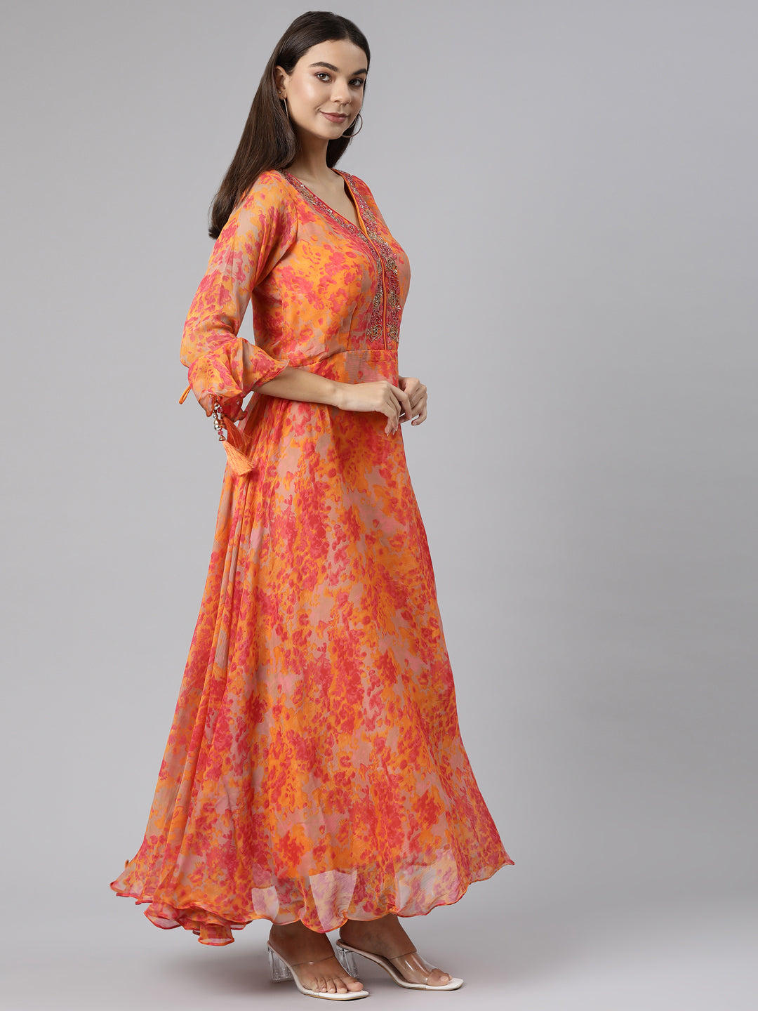 Neerus Orange floral printed straight dress - back view