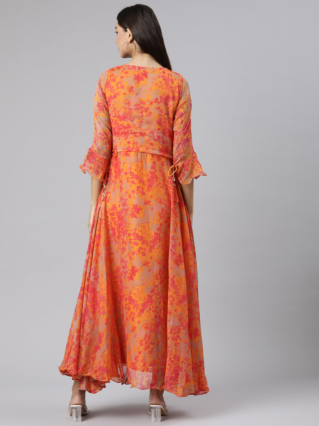 Neerus Orange floral printed straight dress - side view