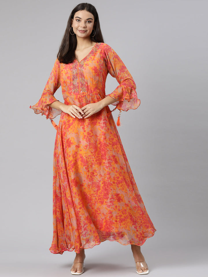 Neerus Orange floral printed straight dress - detail view 1