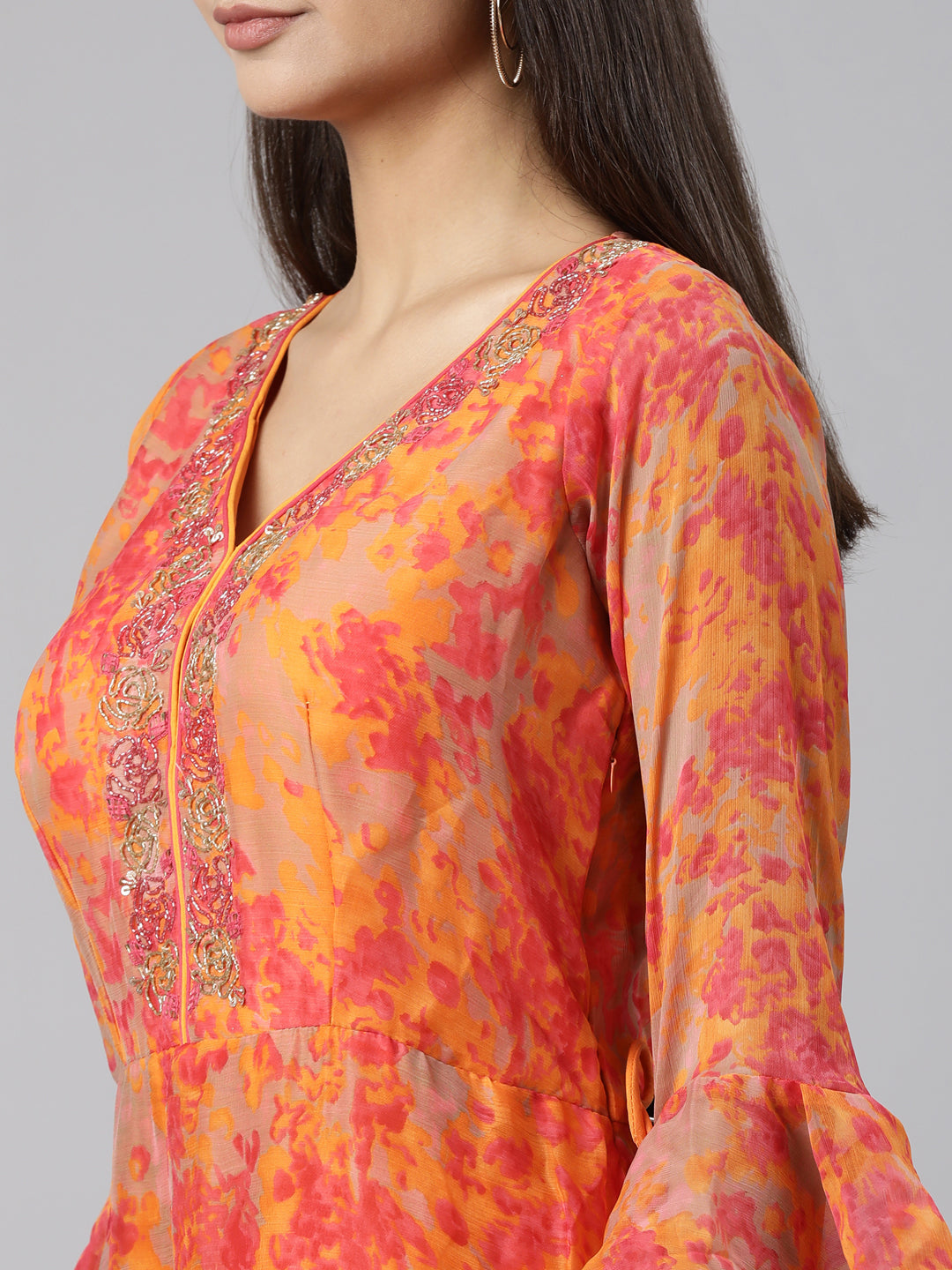 Neerus Orange floral printed straight dress - detail view 2