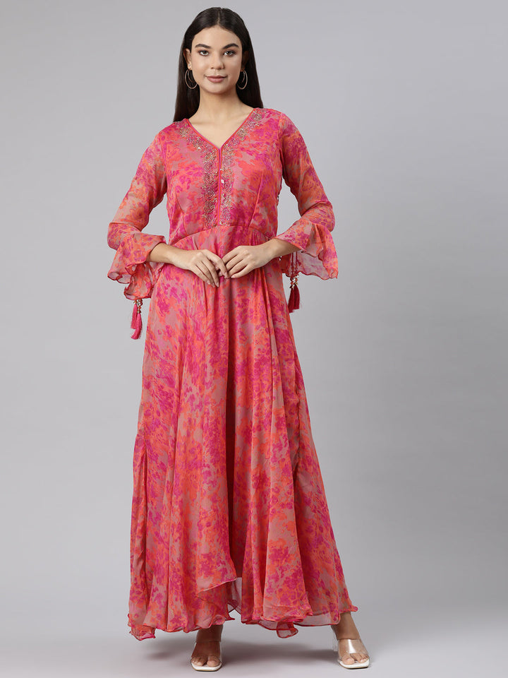 Neerus Pink floral printed straight dress - front view