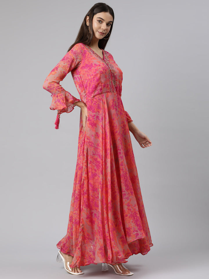 Neerus Pink floral printed straight dress - back view