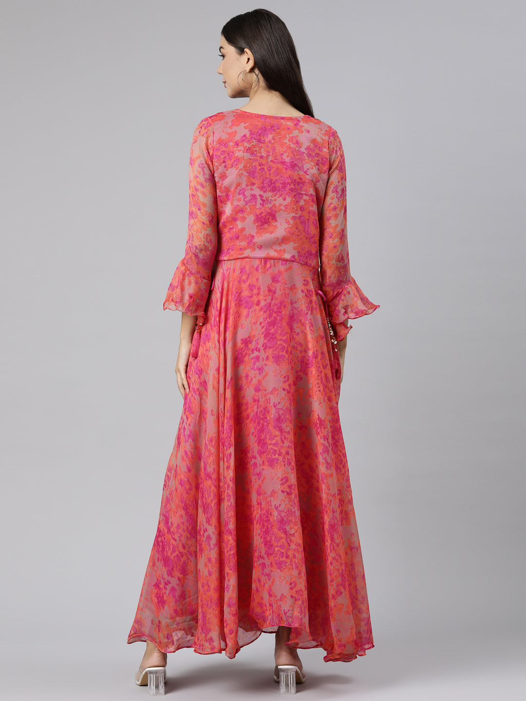Neerus Pink floral printed straight dress - side view