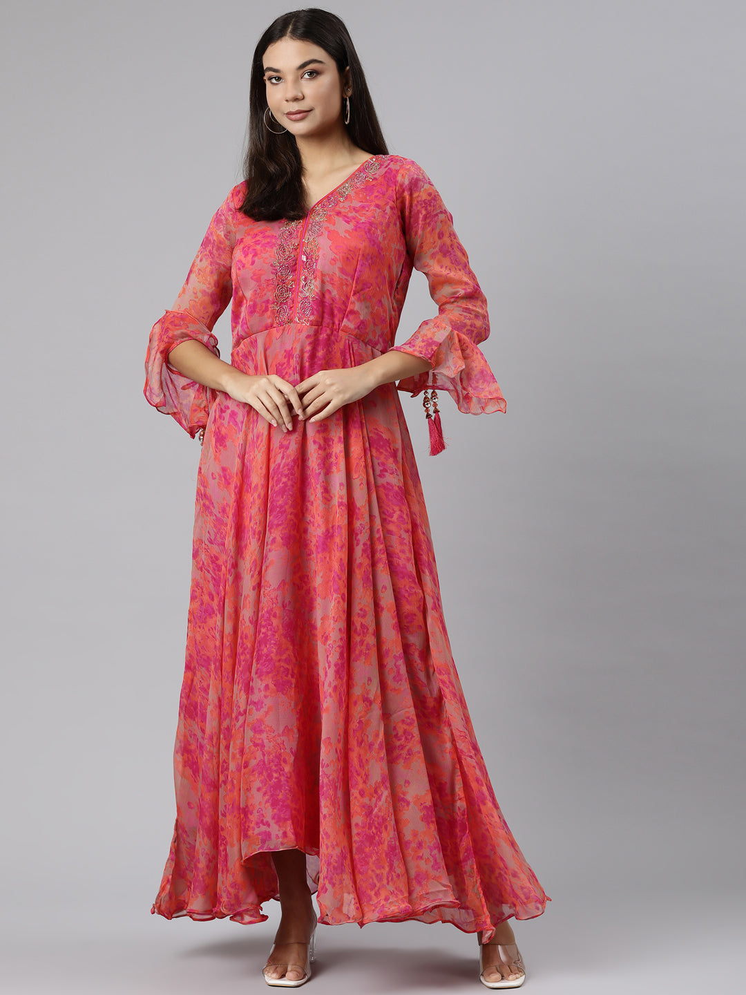 Neerus Pink floral printed straight dress - detail view 2