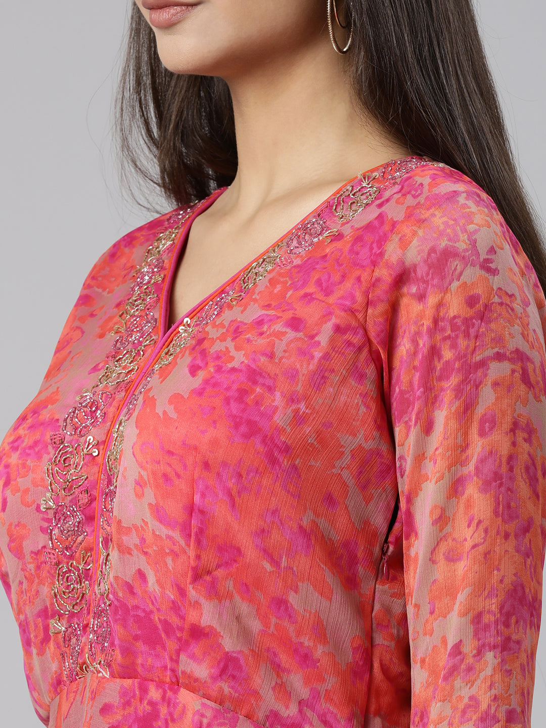 Neerus Pink floral printed straight dress - detail view 1