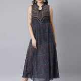 Neerus Navy Blue High-Low Casual Floral A-Line Dresses