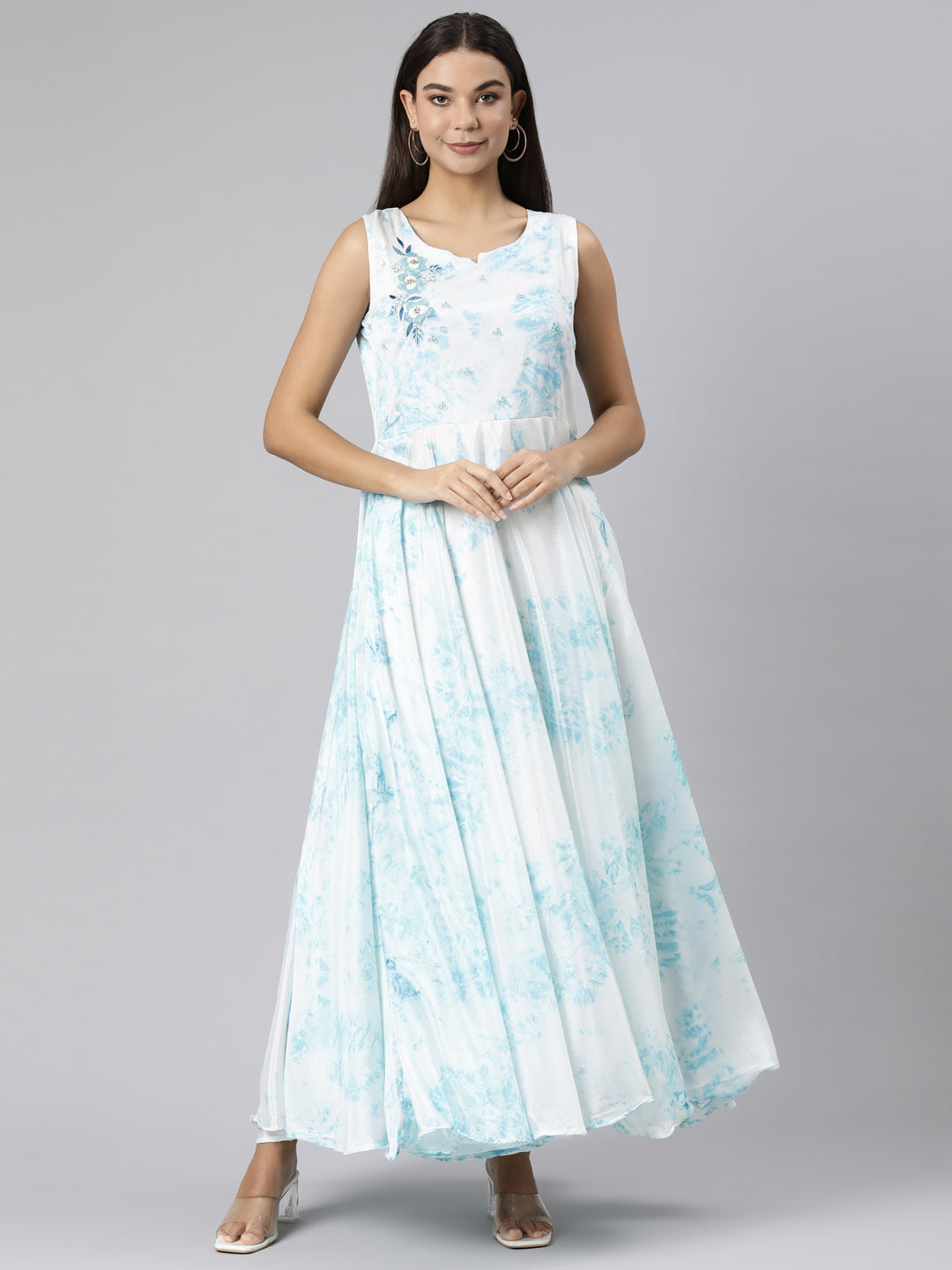 Neerus White crepe printed flared dress - front view