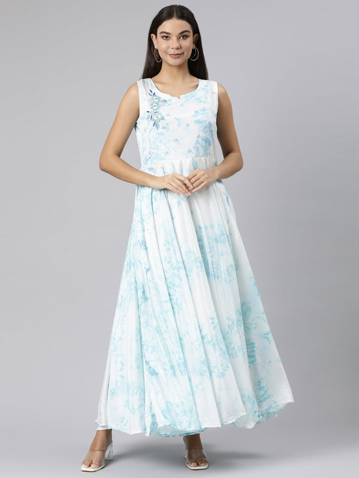 Neerus White crepe printed flared dress - front view