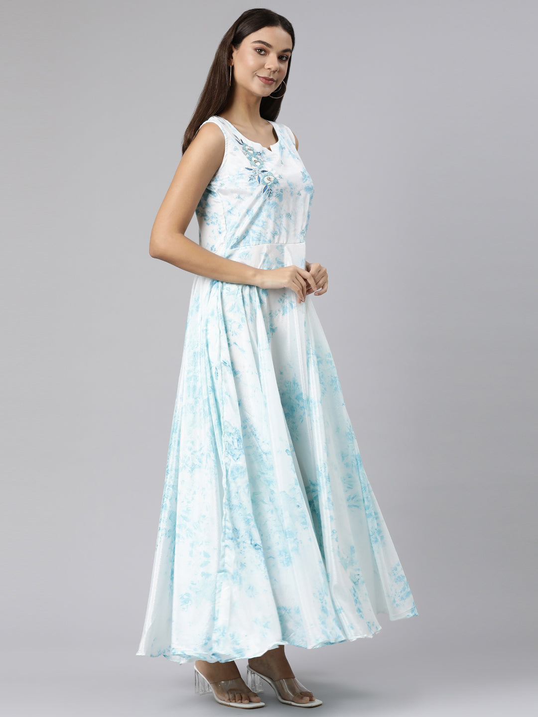 Neerus White crepe printed flared dress - back view