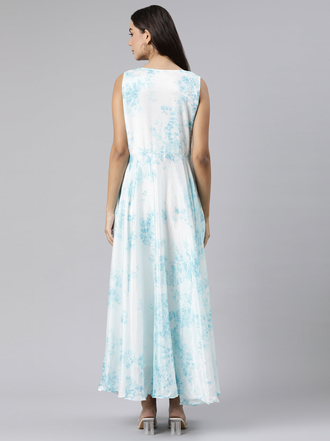 Neerus White crepe printed flared dress - side view