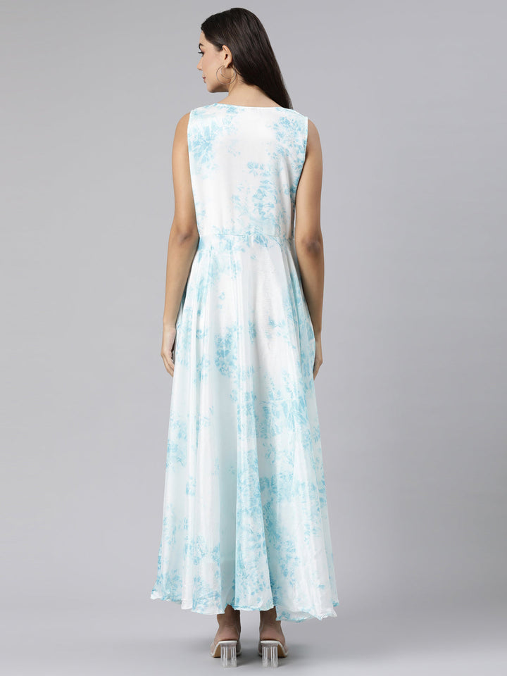 Neerus White crepe printed flared dress - side view