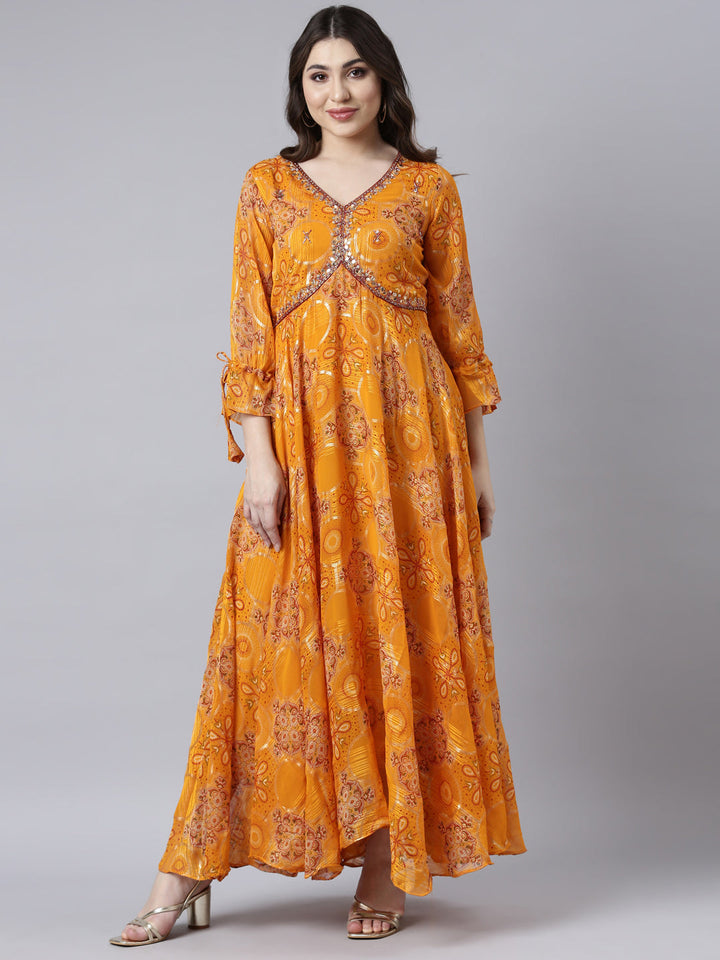 Neerus Yellow floral printed flared dress - front view