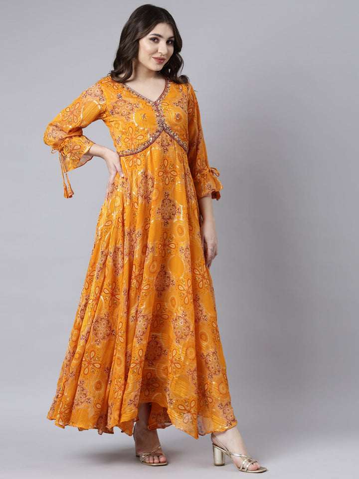 Neerus Yellow floral printed flared dress - back view
