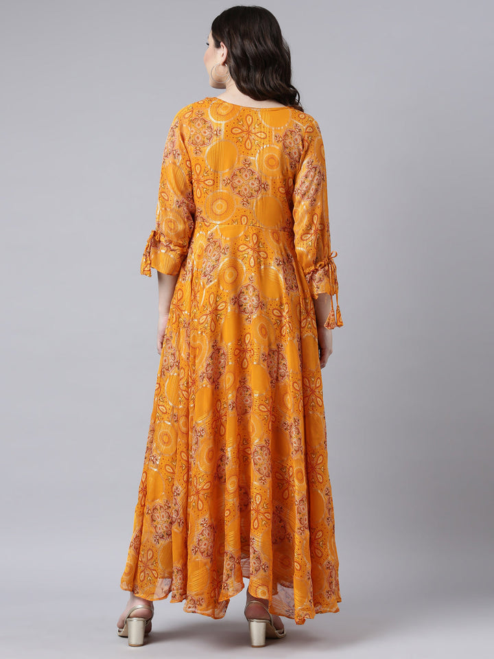 Neerus Yellow floral printed flared dress - side view