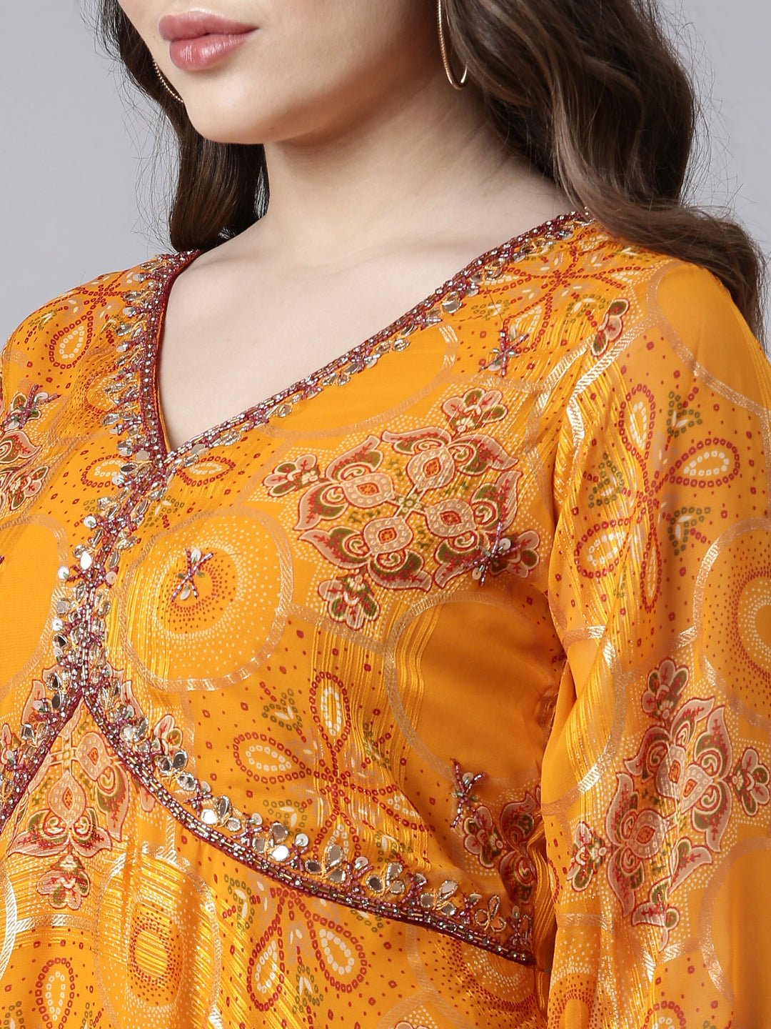 Neerus Yellow floral printed flared dress - detail view 1