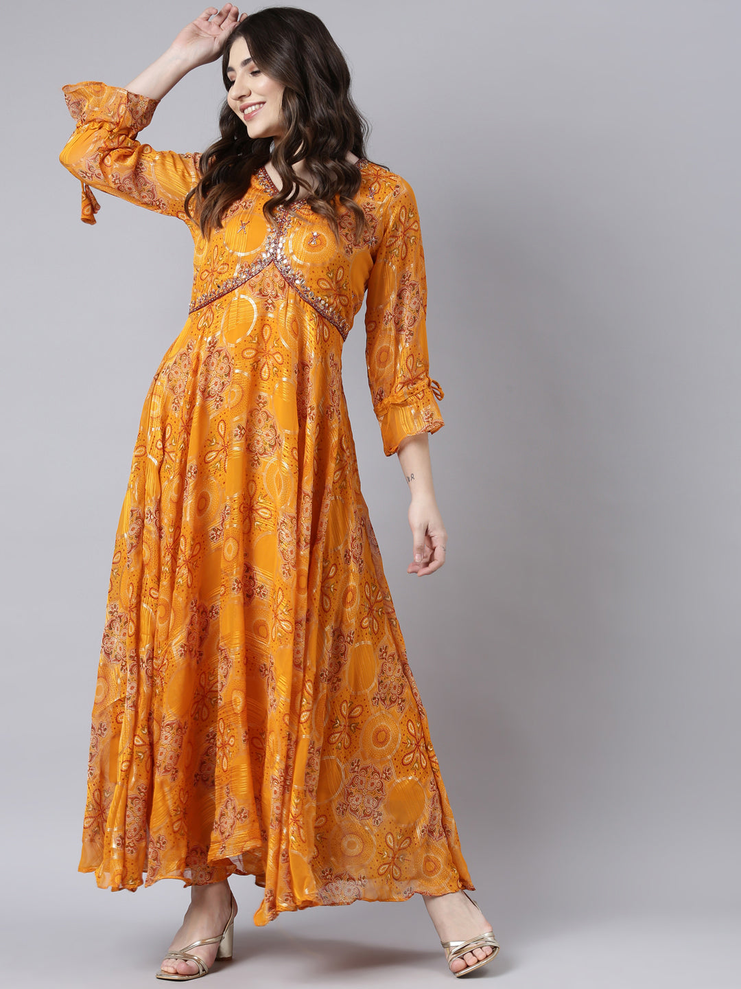 Neerus Yellow floral printed flared dress - detail view 2
