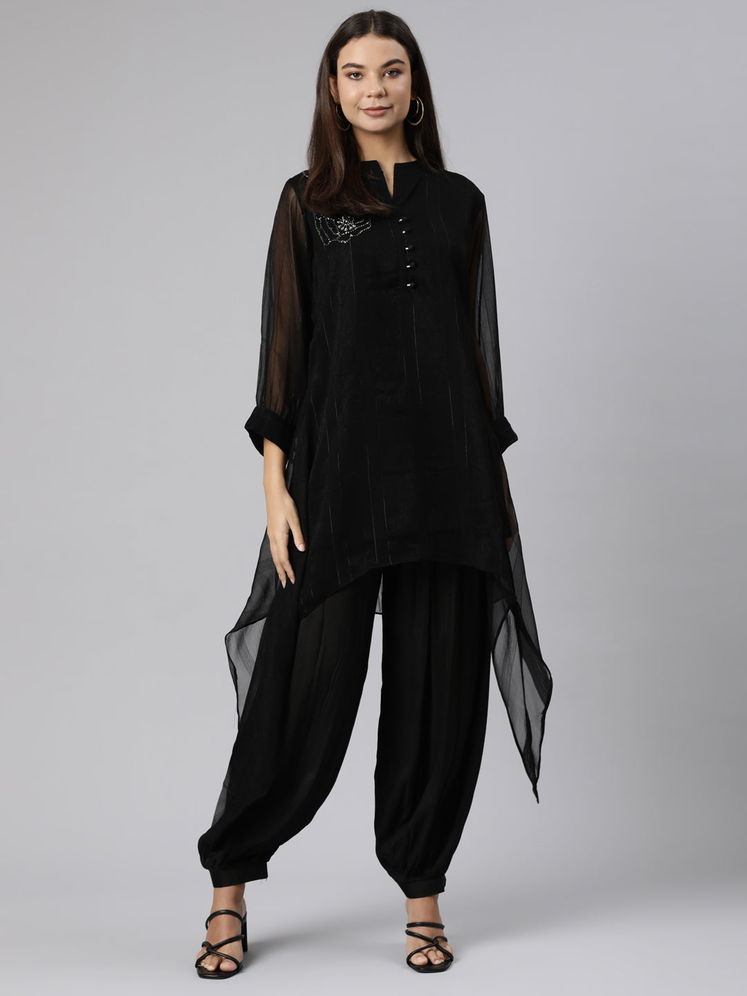 Neerus Black solid high-low co-ord set kurta and salwar - detail view 3