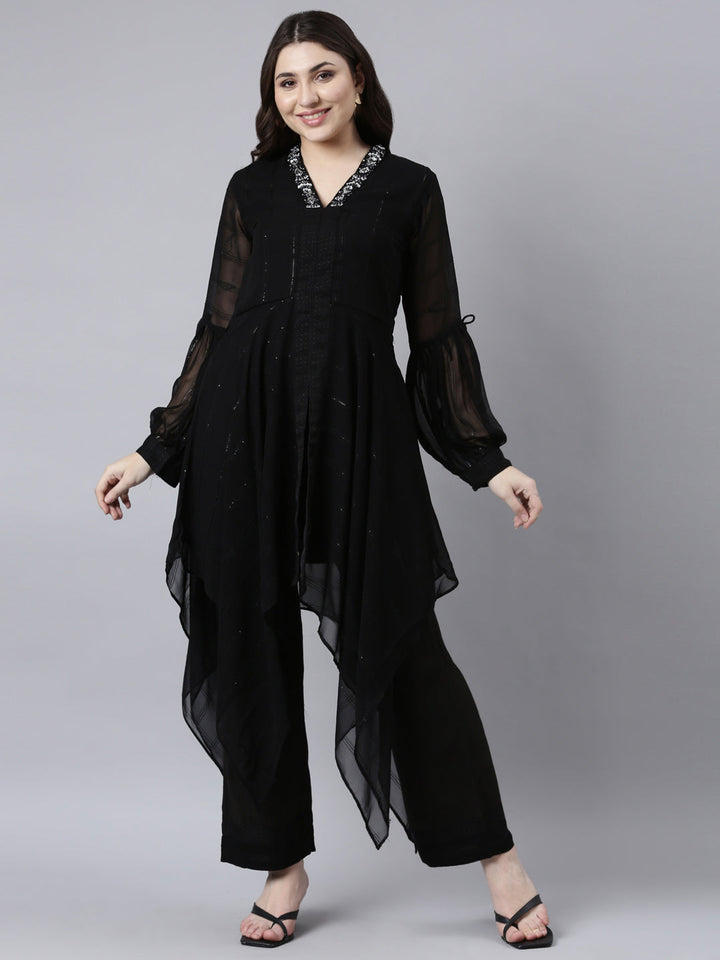 Neerus Black solid high-low kurta set with trousers - detail view 2