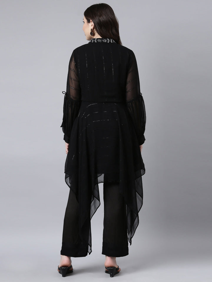 Neerus Black solid high-low kurta set with trousers - side view